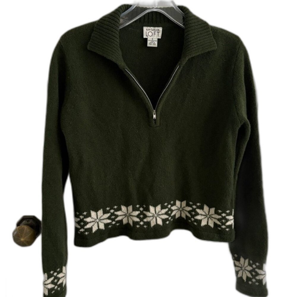 Ann Taylor LOFT Fair Isle Shetland Wool 1/4 zip cropped Sweater vintage Sz S